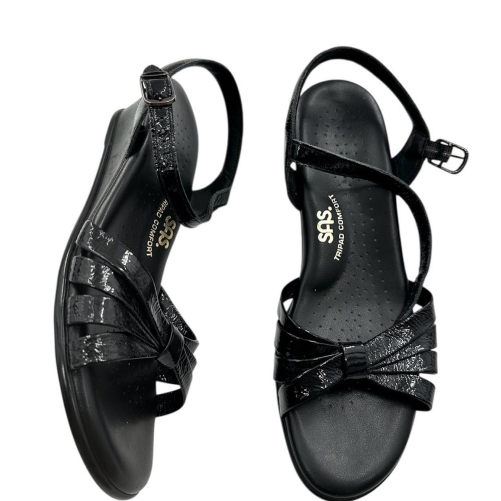 SAS Wedge Sandals Womens size 8N STRIPPY QUARTER STRAP Black Patent Leather